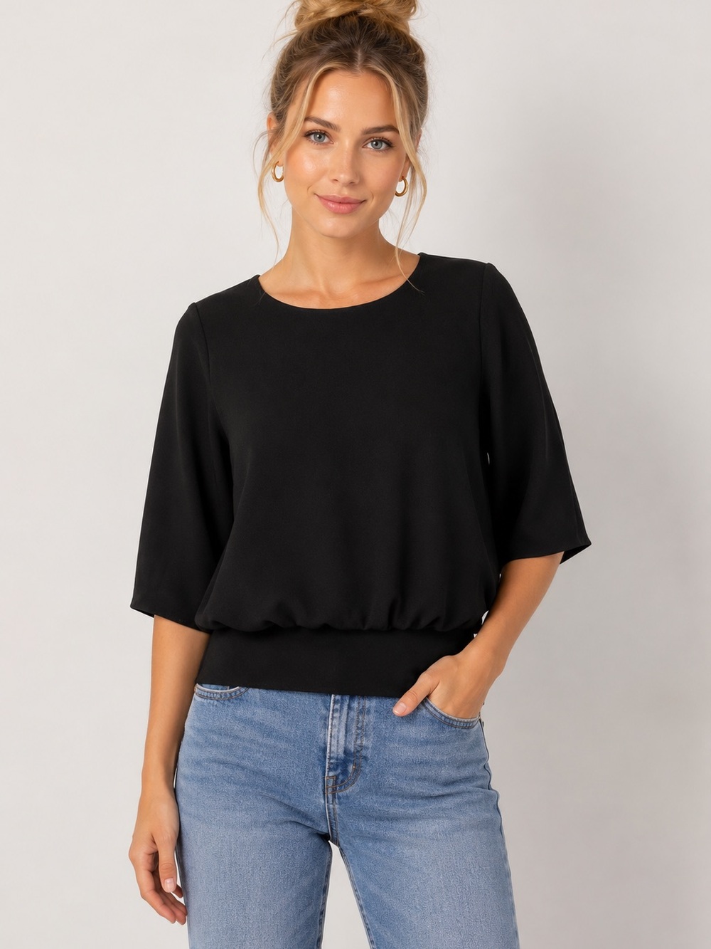 Cabi Black Blouse Size M 3/4 Sleeve Cinched Waist Back Zip Dressy Career Top